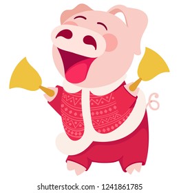 Chinese New Year. Cartoon cheerful pig in Santa Claus red costume with golden bell. Christmas character. Template for card, print. The year of the pig. Isolated vector illustration on white background