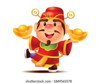 Chinese new year. Cartoon cute God of wealth holding two big gold ingot, with one leg kicking