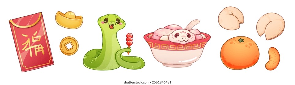 Chinese New Year cartoon elements - red envelope with fortune character, golden coins, cute zodiac snake holding tanghulu candy, dumpling bowl with kawaii serpent, orange mandarin with fortune cookies