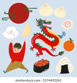 Chinese New Year cartoon icon set. Asian folk traditions, lunar New Year, mythical dragon, tiger, Chinese cuisine. Illustration design for sticker, background, poster, card, calendar 