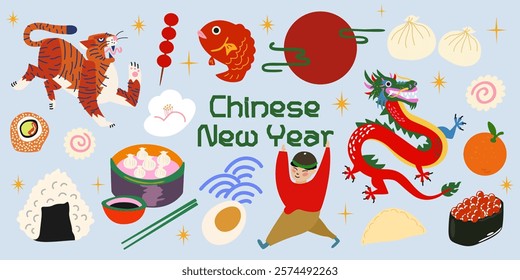 Chinese New Year cartoon icon set. Asian folk traditions, lunar New Year, mythical dragon, tiger, Chinese cuisine. Illustration design for sticker, background, poster, card, calendar 