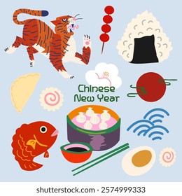 Chinese New Year cartoon icon set. Asian traditional elements, lunar New Year, mythical dragon, tiger, Chinese cuisine. Illustration design for asian sticker, background, poster, card, calendar 