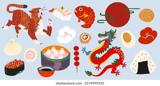 Chinese New Year cartoon icon set. Asian traditional elements, lunar New Year, mythical dragon, tiger, Chinese cuisine. Illustration design for asian sticker, background, poster, card, calendar 