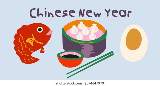 Chinese New Year cartoon icons. Asian folk traditions, Chinese cuisine. Illustration design for sticker, background, poster, card, calendar. Vector asian food illustration