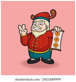 Chinese New Year Cartoon With Old Man Bring Money Symbol. Vector Illustrations.
