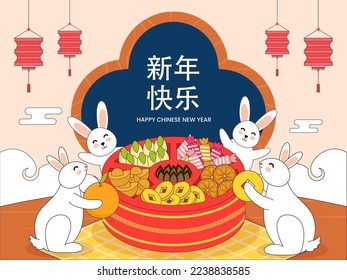 Chinese New Year Celebration Background With Six Partition Box Full Of Festival Elements And Funny Bunnies Illustration.