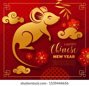 Chinese new year celebration card, red and gold paper cut rat character, flower and asian elements. Vector illustration