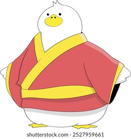 Caricatura del doodle del carácter chino de la celebración del Año Nuevo, pato que lleva la ropa tradicional china que da la bienvenida al acontecimiento anual