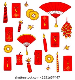Chinese New Year Celebration Clip Art. Simple colorful icon set, Lunar New Year Festival. Simple red and yellow isolated elements. Home decor, print, web and digital design, greeting cards, wrapping