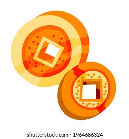 Chinese New Year celebration coins. Traditional Asian festival elements vector illustration. Two shiny golden and orange round money symbols with pattern on white background.