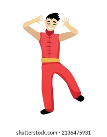 Chinese new year celebration composition with isolated human character of dancing guy wearing traditional costume vector illustration