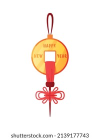 Composición de la celebración del año nuevo chino con imagen aislada de la moneda colgante con decoraciones en la ilustración vectorial de fondo en blanco