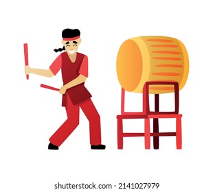 Chinese new year celebration composition with isolated male character of drummer with sticks and big drum vector illustration