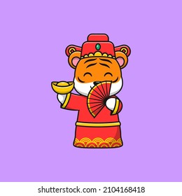 Chinese new year celebration of cute tiger holding gold and fan cartoon vector icon illustration. Flat cartoon style.