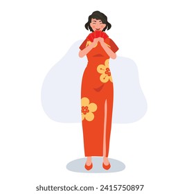 Chinese New Year Celebration. Elegant Asian Woman Holding Red Envelope