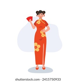 Chinese New Year Celebration. Elegant Asian Woman Holding Red Envelope