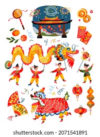 Chinese New Year celebration elements set. Traditional Asian festival vector illustration. People with dragon, animal costume, lanterns, oranges, firecrackers, fans on white background.