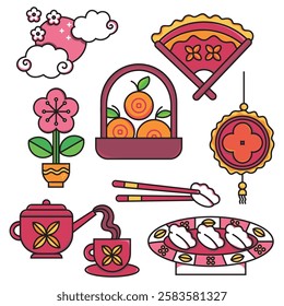 Chinese New Year celebration elements: dimsum and orange fan cups and clouds