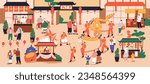Chinese New Year celebration at fair, festival on city street. People celebrating Asian lunar holiday in China town with oriental lanterns decoration, dragon, market stalls. Flat vector illustration