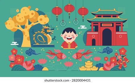 Chinese New Year celebration features a cute boy, temple building, gold dragon, lanterns, and koi fish.