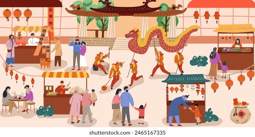 Chinese New Year celebration, festival on city street. People celebrating Asian lunar holiday in China town with oriental lanterns decoration, dragon, market stalls, people characters walk.  Flat vect