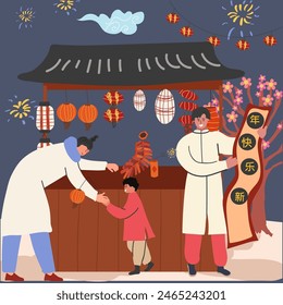 Chinese New Year, celebration, festival. Chinatown street market, stalls, lanterns, family, outdoor Chinese celebration. The characters of the people. Vector illustration hand drawing.