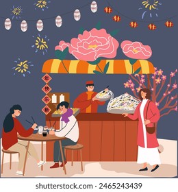 Chinese New Year, celebration, festival. Chinatown street market, stalls, lanterns, family, outdoor Chinese celebration. The characters of the people. Vector illustration hand drawing.