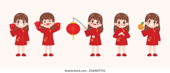 Chinese New Year Celebration with Girls in Traditional Costume, Vector, Illustration vector premium.