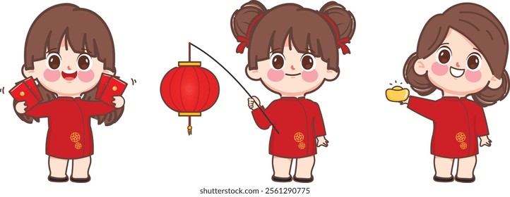 Chinese New Year Celebration with Girls in Traditional Costume, Vector, Illustration