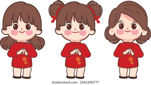 Chinese New Year Celebration with Girls in Traditional Costume, Vector, Illustration