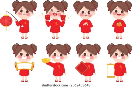 Chinese New Year Celebration with Girls in Traditional Costume, Vector, Illustration vector premium.