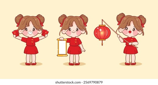 Chinese New Year Celebration with Girls in Traditional Costume, Vector  Illustration premium.