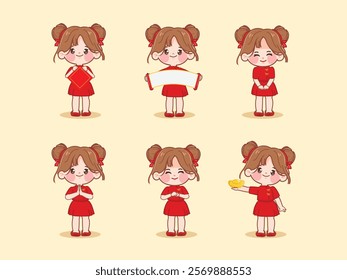 Chinese New Year Celebration with Girls in Traditional Costume, Vector Illustration premium.