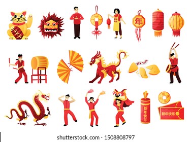 Chinese new year celebration icons set with traditional symbols rituals costumes colors red lantern fire dragon vector illustration 