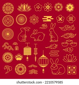 Chinese New year celebration, isolated traditional signs of coins and lotus. Paper light lanterns and waves or wind gust, cookies with predictions. Bunny or hare personage. Vector in flat style