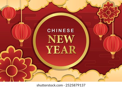 Chinese New Year Celebration with Lanterns, gold clouds and Floral Decorations