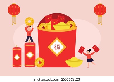 Chinese New Year Celebration with Red Envelopes, Lanterns, and Symbols of Prosperity 2d flat vector illustrations