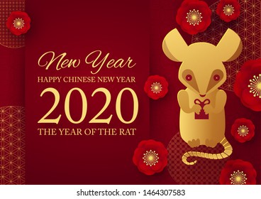 Chinese new year celebration template with papercut rat character, flowers and asian elements. Red and gold design.