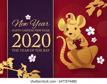 Chinese new year celebration template with papercut rat character, plum brunches and asian elements. Red and gold design.
