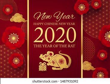 Chinese new year celebration template with papercut rat character, flowers and asian elements. Red and gold design.