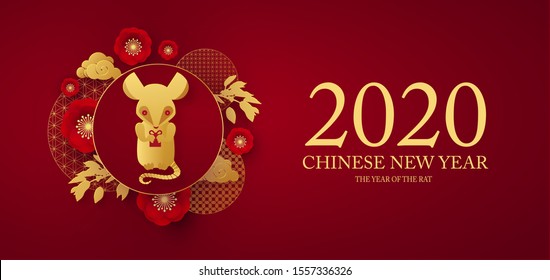Chinese new year celebration template with papercut rat character, flowers and asian elements. Red and gold design. Chinese text means year of the rat.