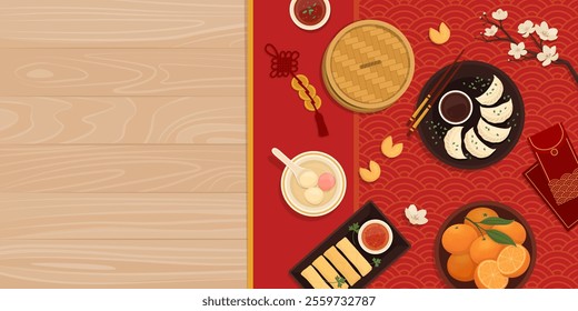 Chinese New Year celebration with traditional food and decorations on the table at home, top view, copy space