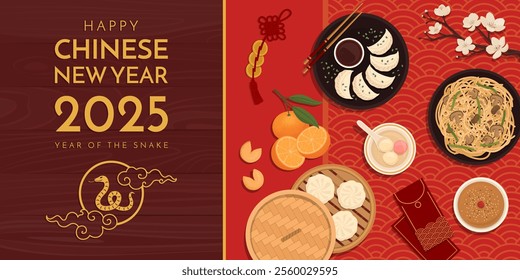 Chinese New Year celebration and traditional food, banner with copy space, top view