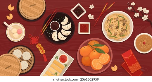 Chinese New Year celebration with traditional food and decorations on the table at home, top view