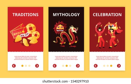 Chinese new year celebration traditions mythology 3 colorful vertical banners with  dragon red envelopes mask vector illustration 