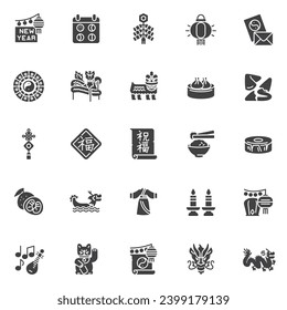 Juego de iconos vectoriales de celebración de Año Nuevo chino, colección moderna de símbolos sólidos, paquete de pictogramas estilo relleno. Ilustración del logotipo de los carteles. Set incluye iconos como baile de dragón, calendario lunar, zodiaco, linterna