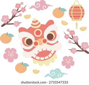 Vector chino de la celebración del año Nuevo fijado con la cabeza de la danza del león, las flores de Sakura, y los símbolos tradicionales de la suerte