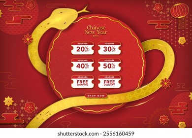 Chinese New Year Celebration Voucher Giveaway Template Design Banner with shop now button, year of the snake theme in red and gold, asian element designs, auspicisous clouds, lantern, flower, patterns