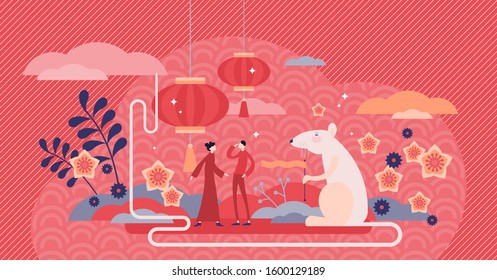 Chinese New Year celebration with the White Metal Rat zodiac, flat tiny person concept vector illustration. Asian culture tradition, colorful festive yearly event with floral elements and lanterns.