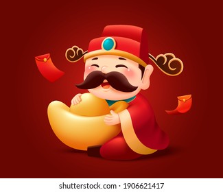 Chinese new year character element isolated on red background. Chinese god of wealth holding a huge gold ingot or sycee.